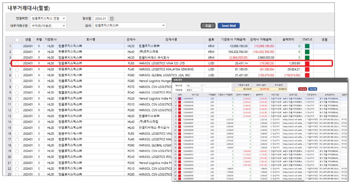 내부거래대사 차이 확인 예시 화면 
